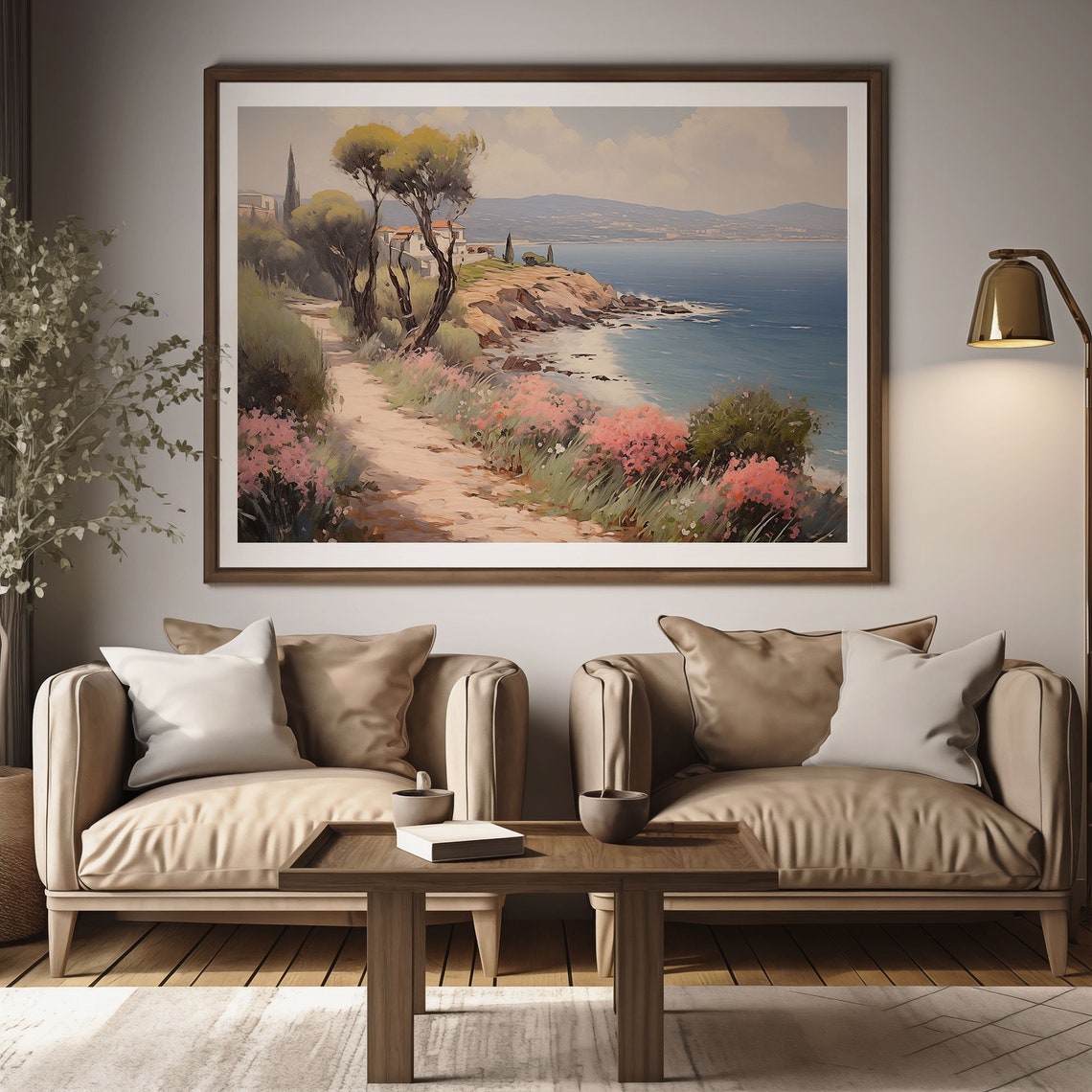 Flower Lined Cliff Path with Pine Trees and Villa Oil Painting Poster - Image 2