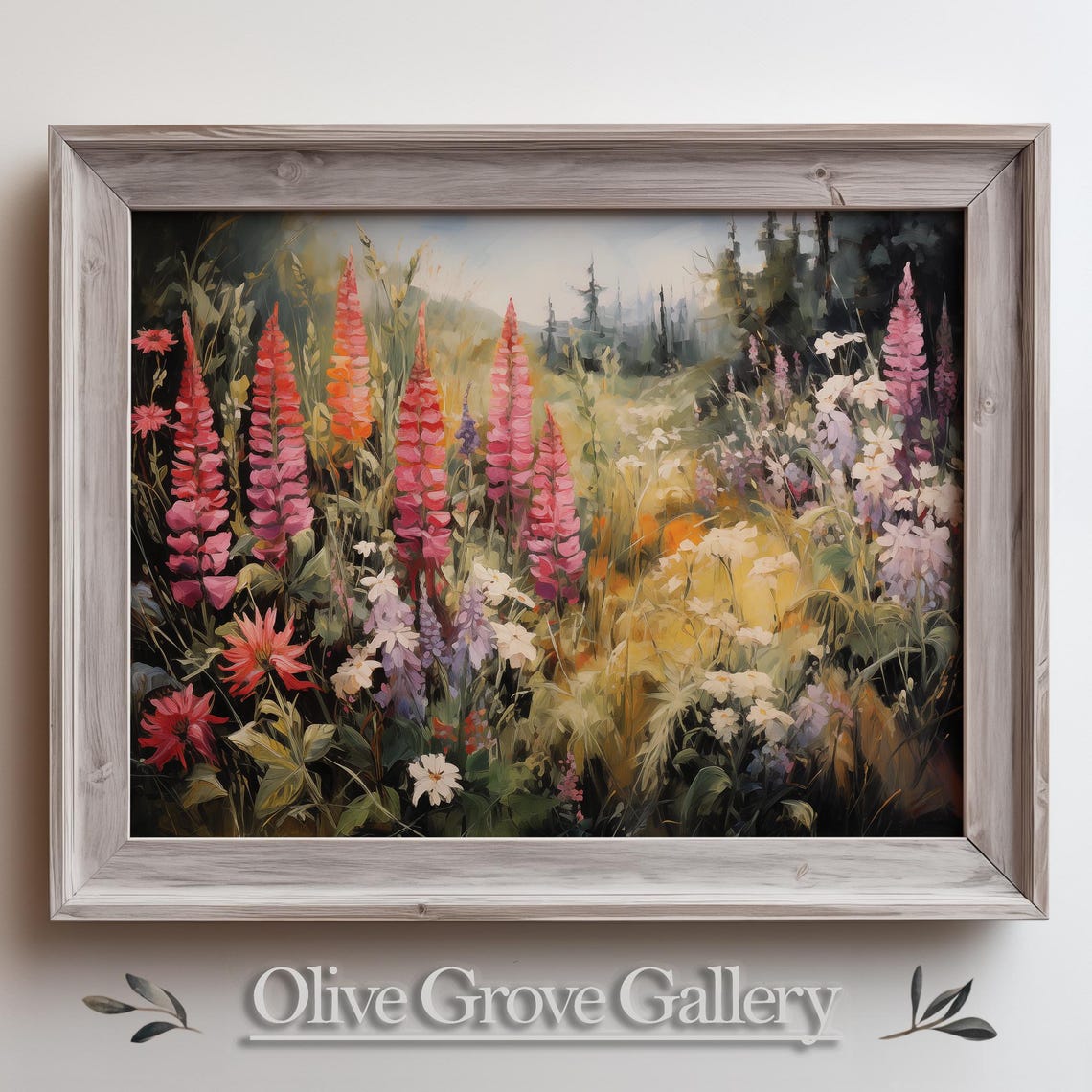 Vibrant Wildflower Meadow Painting Pink Lupine Garden Landscape Poster
