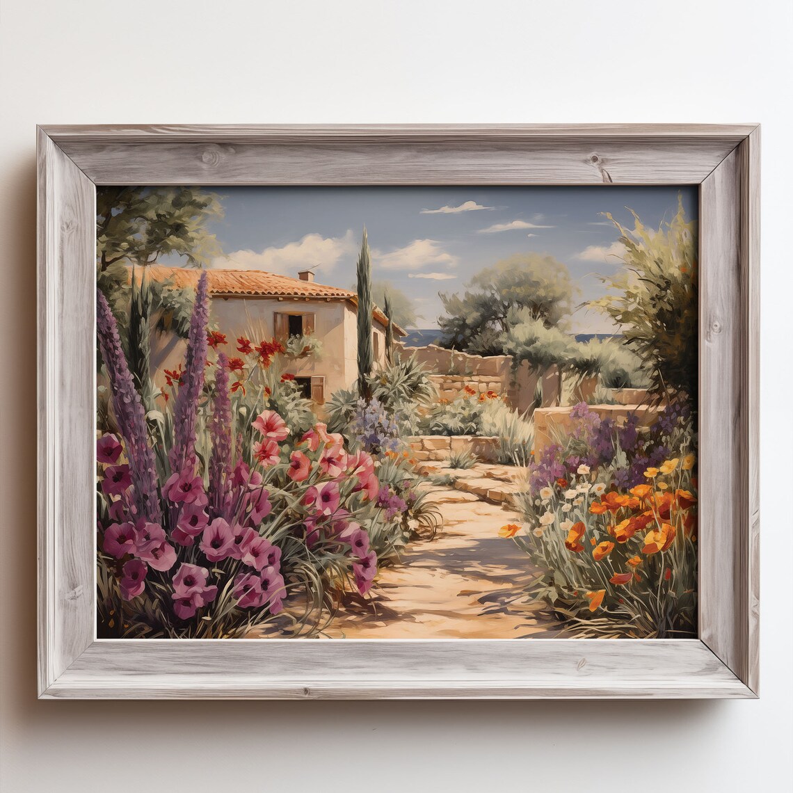 Mediterranean Villa Garden Stone Path Purple Flowers Oil Painting Poster