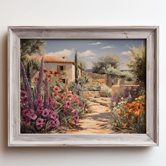 Mediterranean Villa Garden Stone Path Purple Flowers Oil Painting Poster