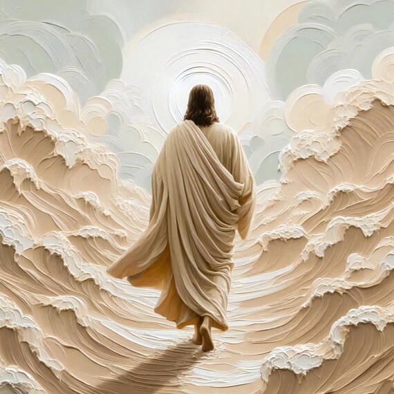 Jesus Walking On Water Between Towering Waves Cream Impasto Poster
