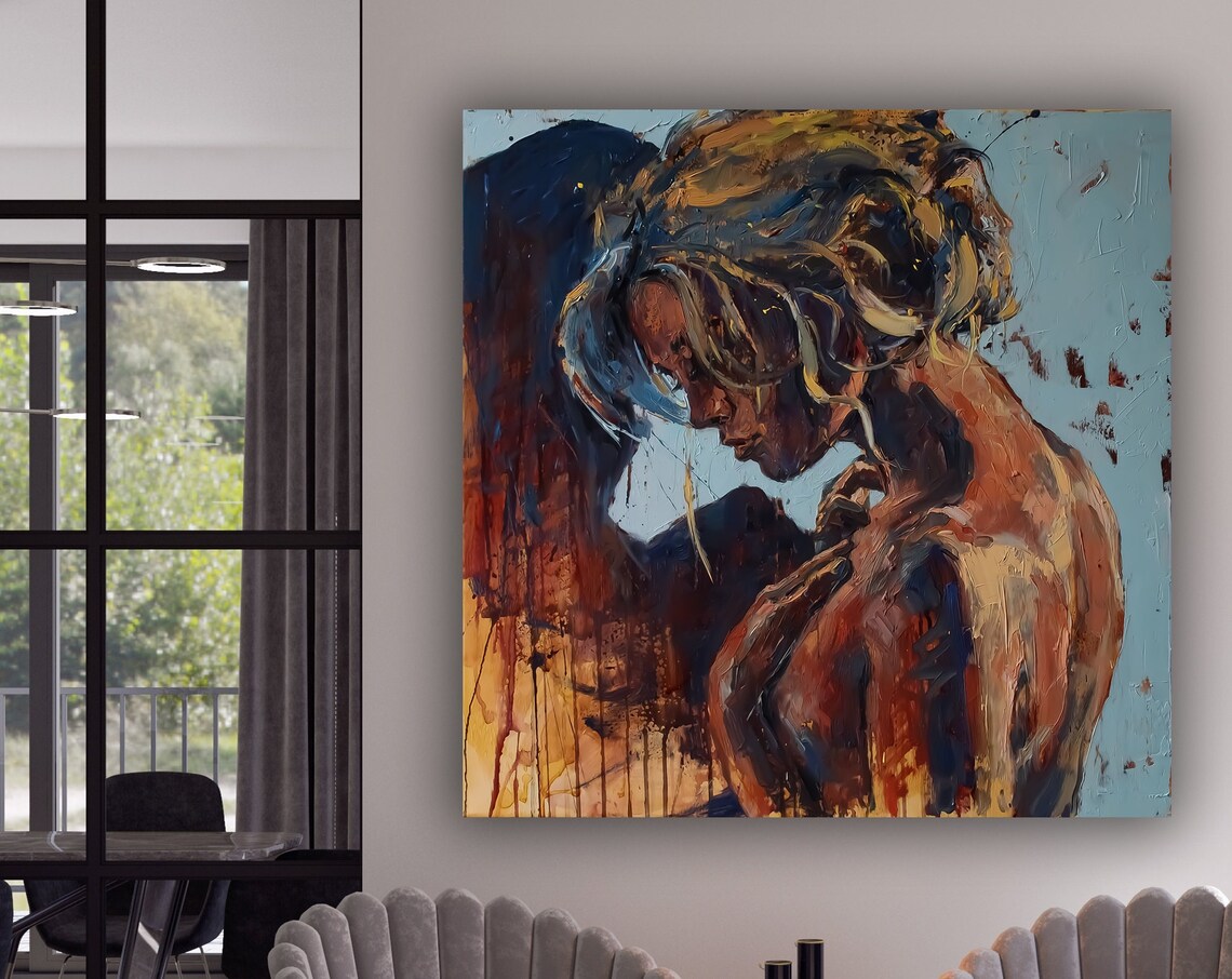 Sensual Couple Embrace Abstract Painting Warm Tones Art Poster - Image 3