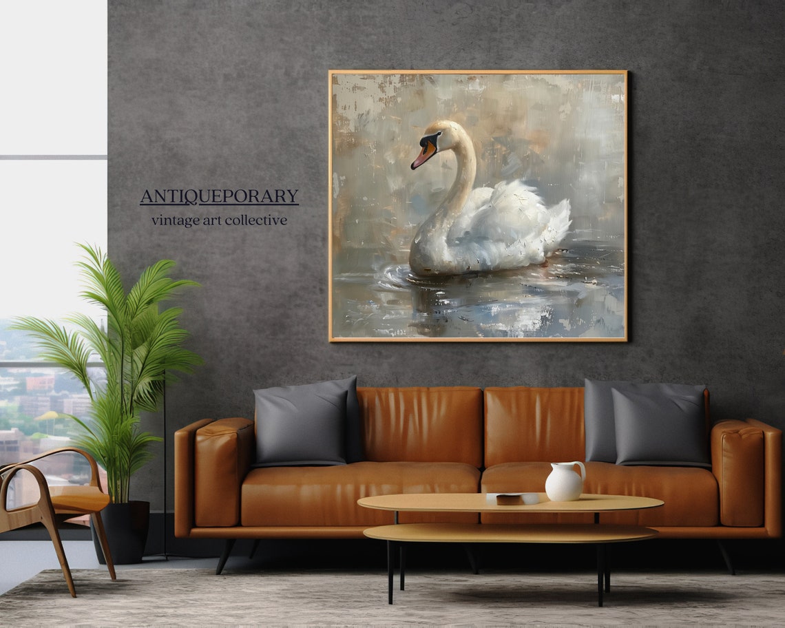Graceful White Swan Calm Water Abstract Neutral Bird Painting Poster - Image 5