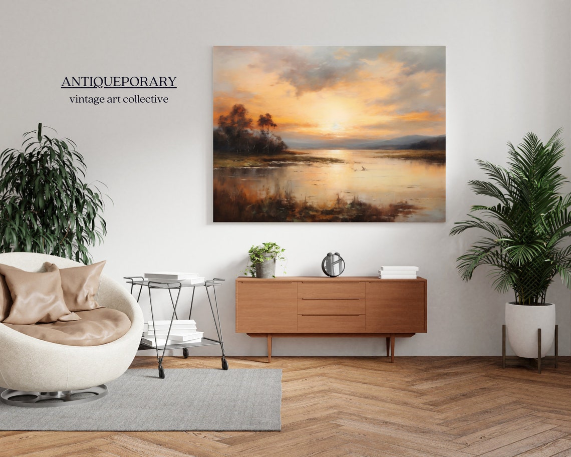 Golden Sunset Over Calm River with Reflective Water Art Poster - Image 5
