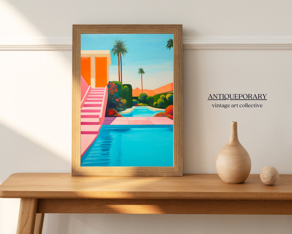 Tropical Pink Staircase Pool Palm Trees Retro Resort Painting Poster - Image 5