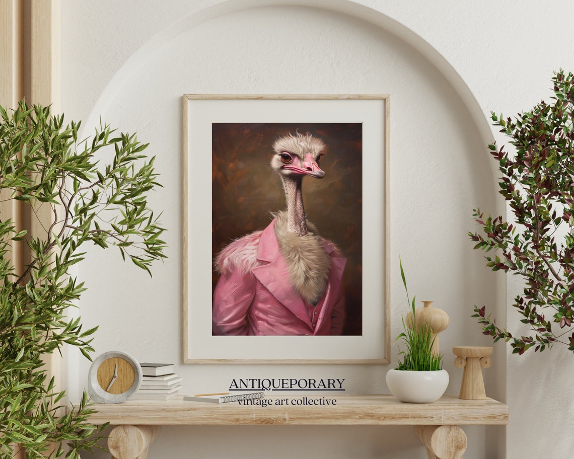 Charming Lady Ostrich in Pink Blazer Vintage Portrait Wall Art - Image 7
