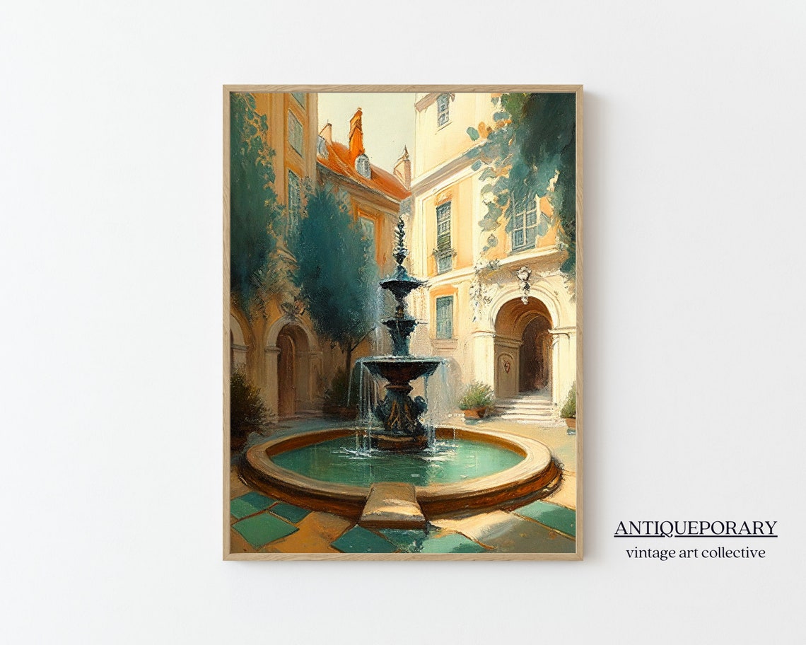Sunlit European Courtyard Fountain Old Town Travel Painting Poster