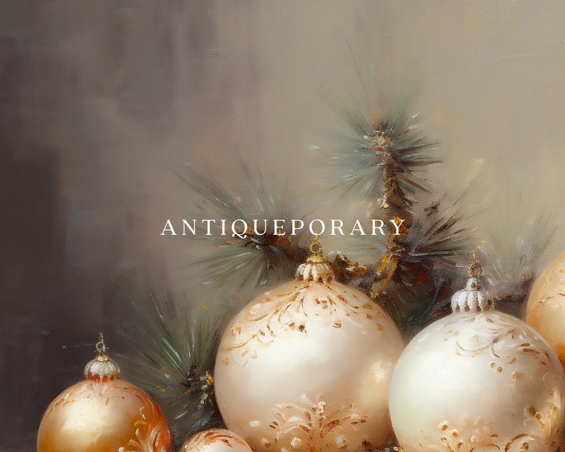 Gold and White Christmas Ornaments with Pine Still Life Poster - Image 3