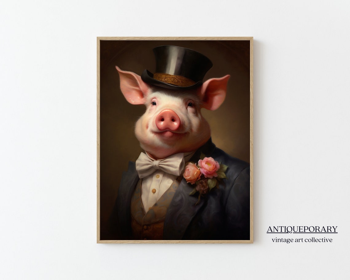 Pig Vintage Portrait Victorian Animal Portrait Dressed Animal Prints Altered Art Print Renaissance Animal Painting Farm Animal Art