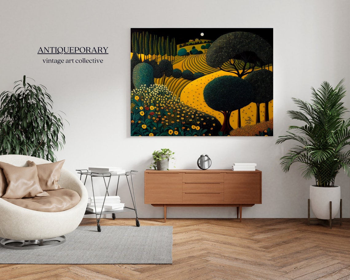 Moonlit Golden Hills with Cypress Trees Pointillist Landscape Poster - Image 5