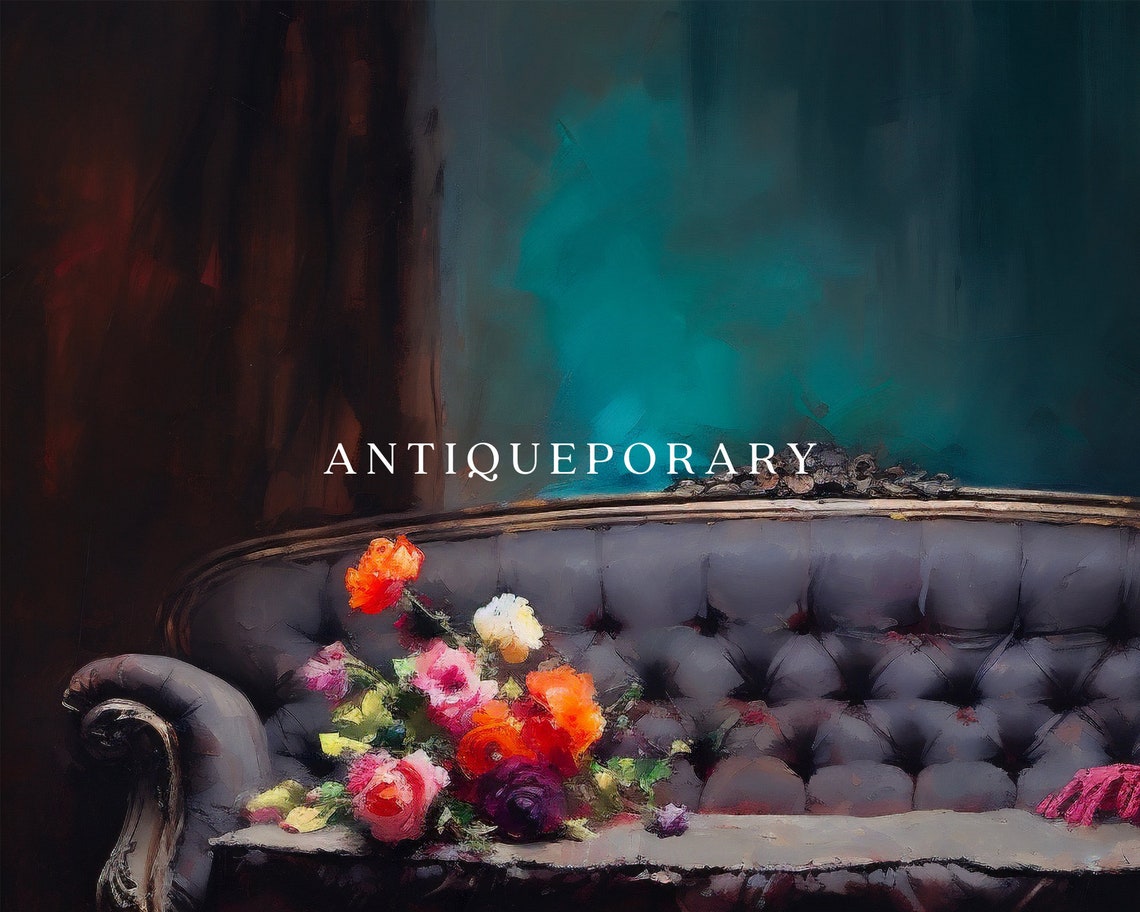 Vintage Antique Couch Oil Painting Dark Moody Still Life Painting Luxurious Vintage Interior Antique Oil Painting Vintage Art - Image 3
