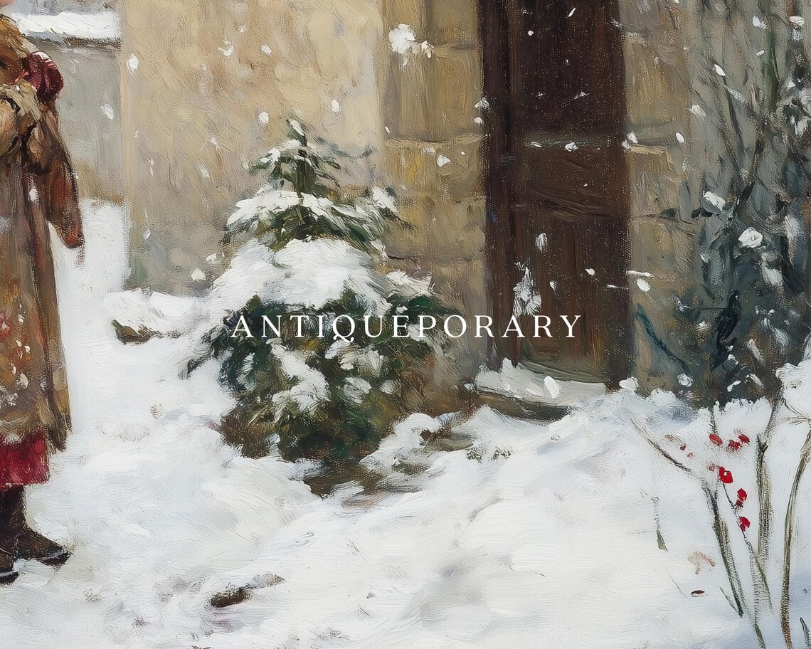 Snowy Village Winter Scene Woman Vintage European Painting Poster - Image 2
