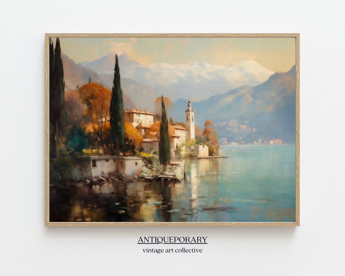 Vintage Country Painting French Lake Village Landscape Print Rustic Village Art Oil Painting Antique Artwork