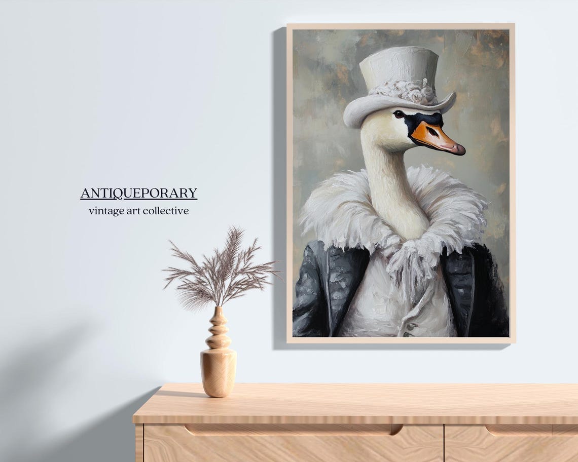 White Swan in Top Hat with Feathered Collar Vintage Portrait Poster - Image 7