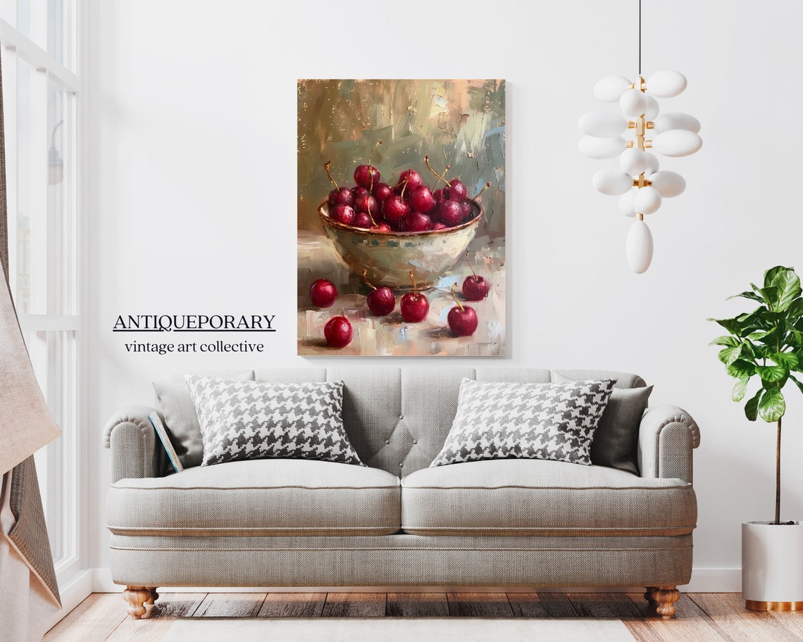 Country Rustic Red Cherry Bowl Still Life Oil Painting Poster - Image 4
