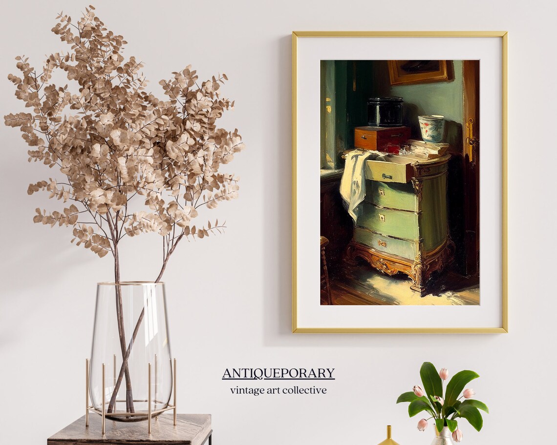 Vintage Dresser Interior Oil Painting of a Sunlit Corner Print - Image 7