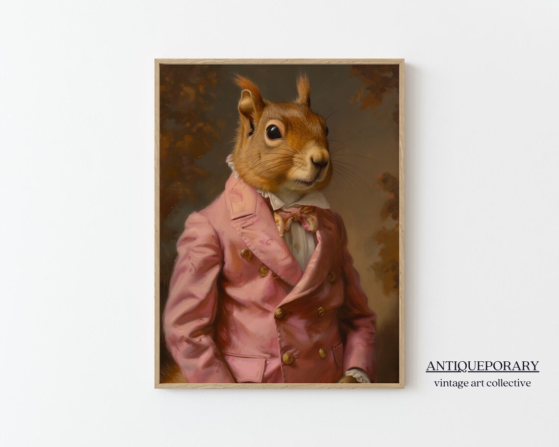 Pink Coat Squirrel Portrait Victorian Gentleman Animal Painting Poster