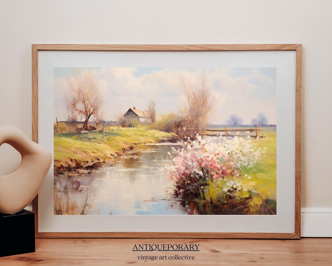 Spring Blossom Stream Countryside Cottage Peaceful Landscape Art Poster - Image 3