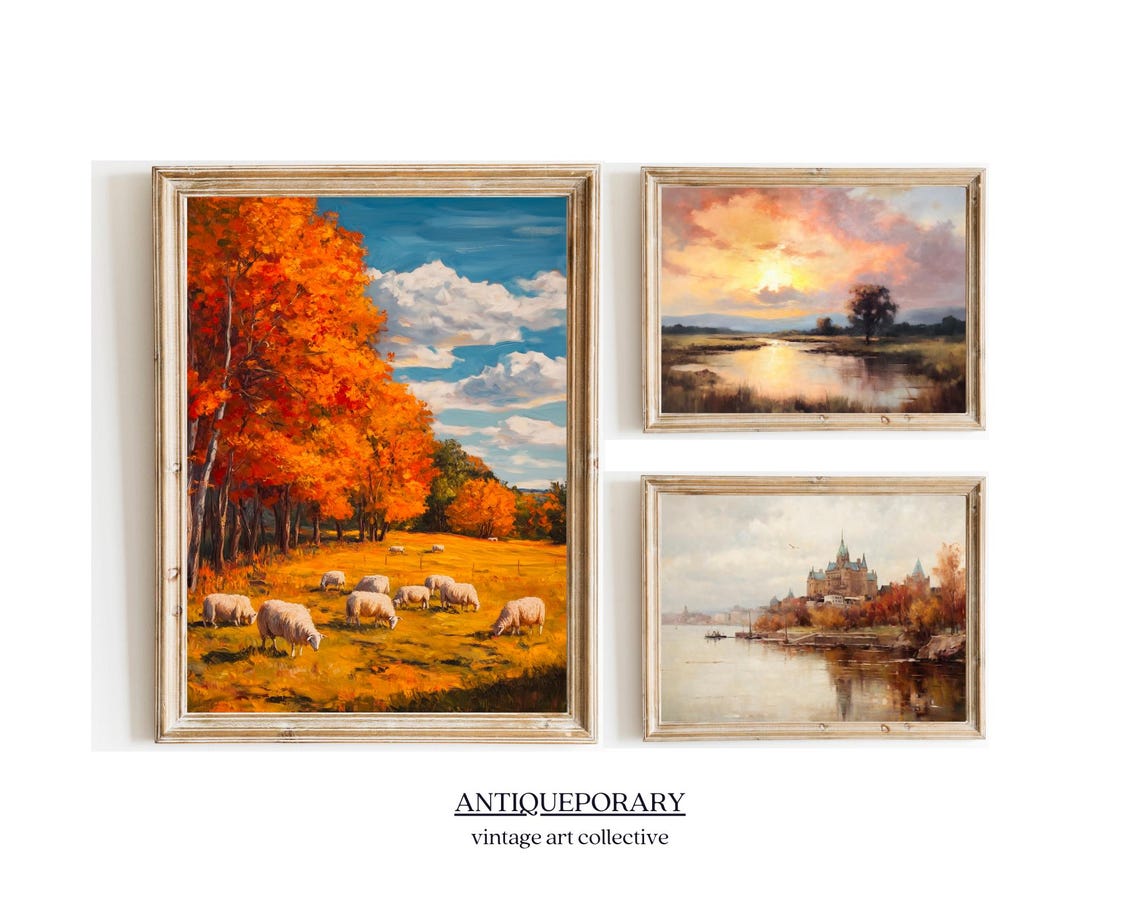 Autumn Sheep Pasture Golden Fall Trees Rustic Oil Painting Poster - Image 5