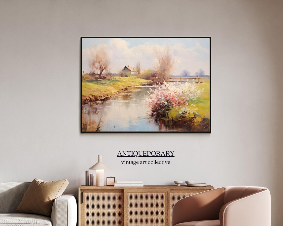 Spring Blossom Stream Countryside Cottage Peaceful Landscape Art Poster - Image 5
