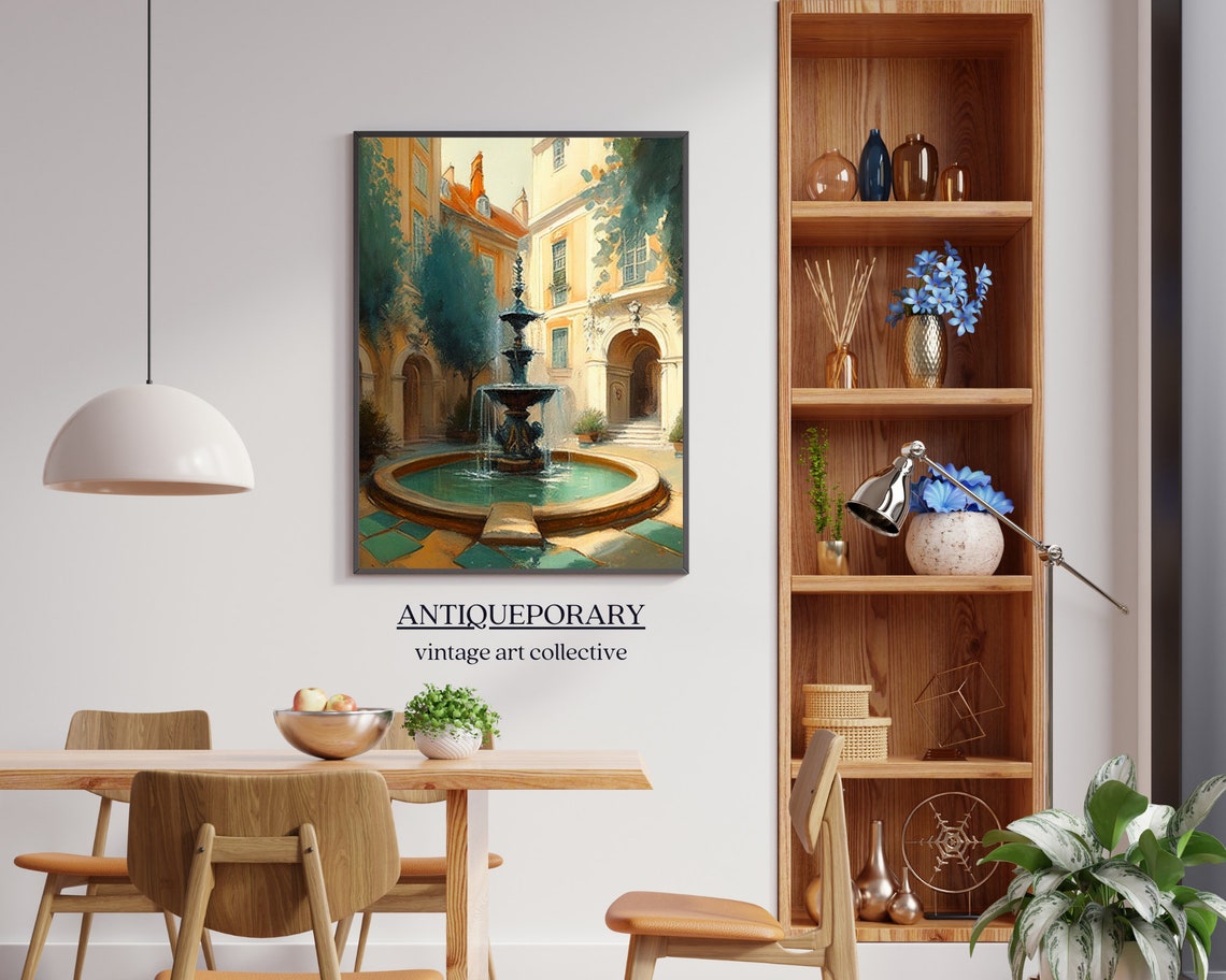 Sunlit European Courtyard Fountain Old Town Travel Painting Poster - Image 4