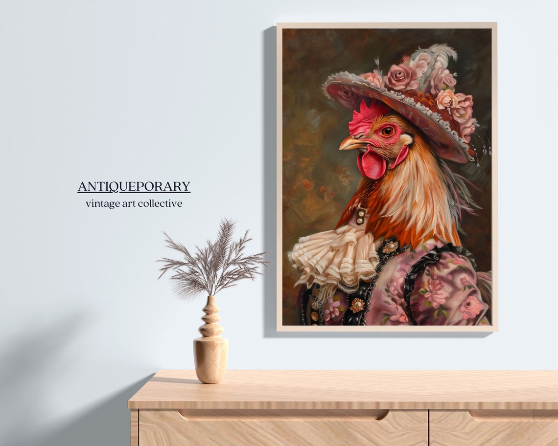 Royal Lady Rooster Floral Hat Charming Vintage Chicken Portrait Poster - Image 2