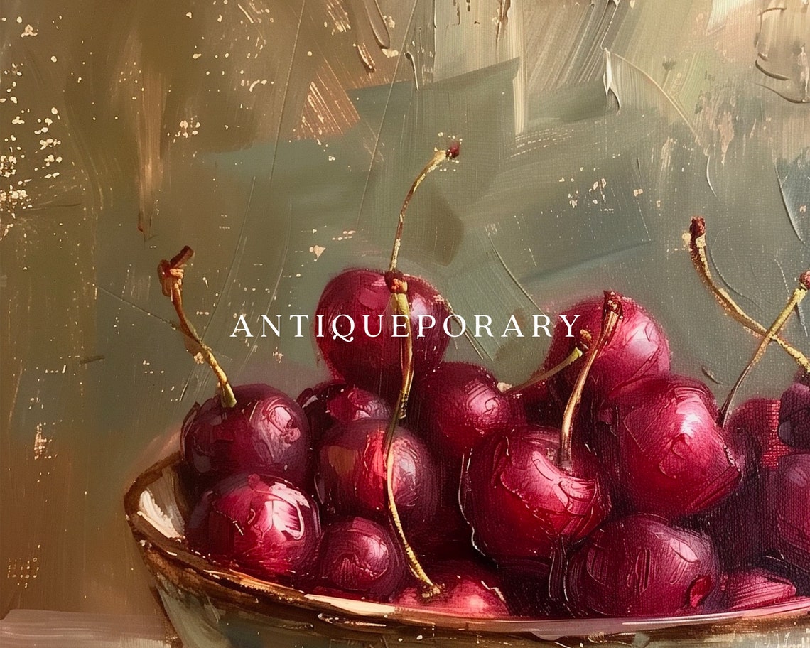 Country Rustic Red Cherry Bowl Still Life Oil Painting Poster - Image 3