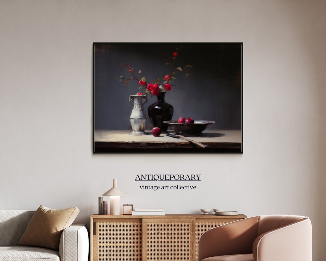 Moody Dark Floral Still Life Red Blooms Plums Vintage Style Poster - Image 4