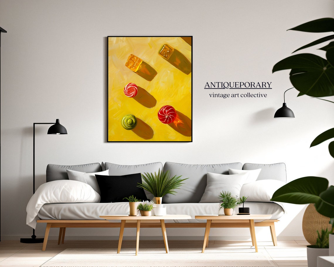 Candy Pieces Long Shadows on Yellow Background Playful Pop Art Poster - Image 6