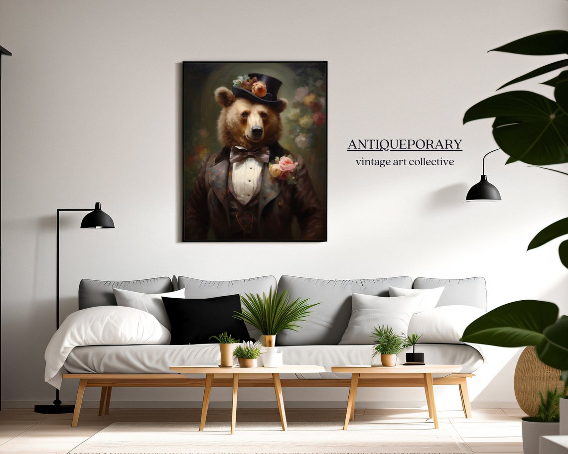 Dapper Bear Portrait Top Hat Tuxedo Victorian Animal Painting Poster - Image 5