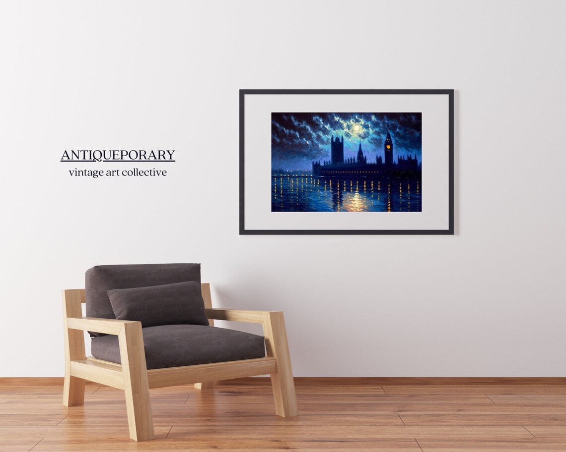 London Westminster Big Ben at Night Moonlit Thames Oil Painting Poster - Image 2