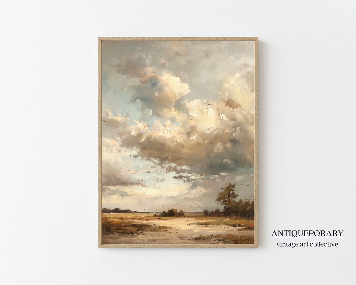 Muted Tonal Plains Cloudy Sky Vintage Landscape Painting Poster
