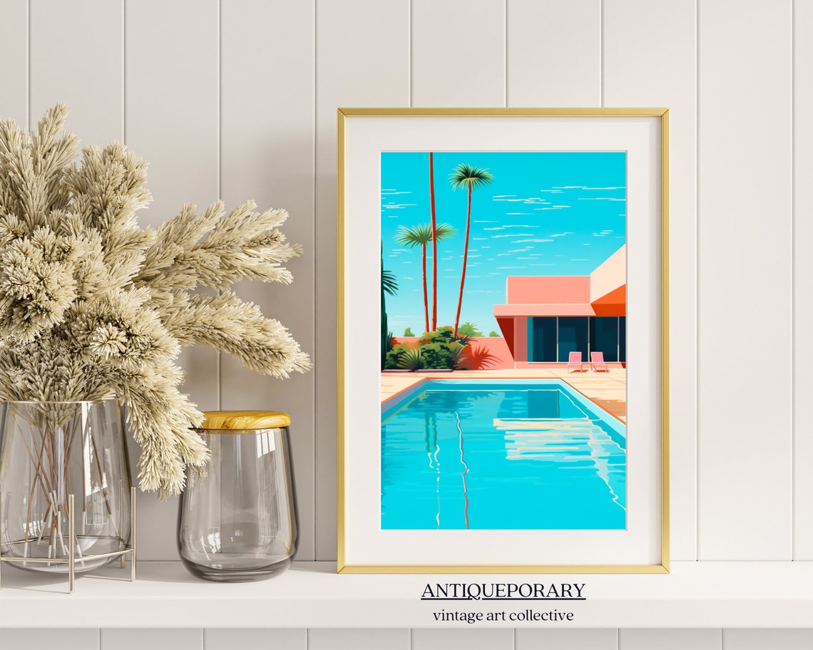 Mid Century Modern Pool House Palm Trees Retro Travel Poster