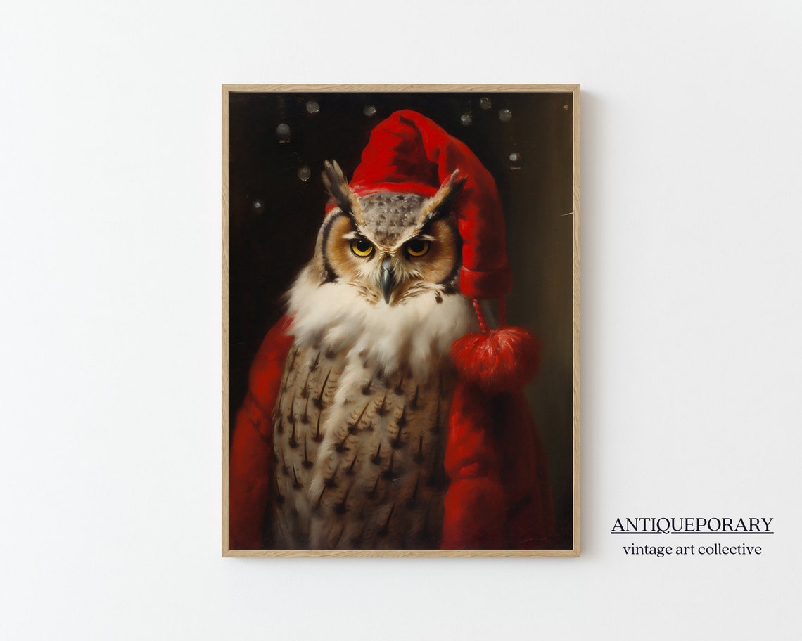 Christmas Santa Owl Vintage Portrait Dressed Animal Print Festive Wall Art Christmas Animal Wall Art Vintage Xmas Art Print