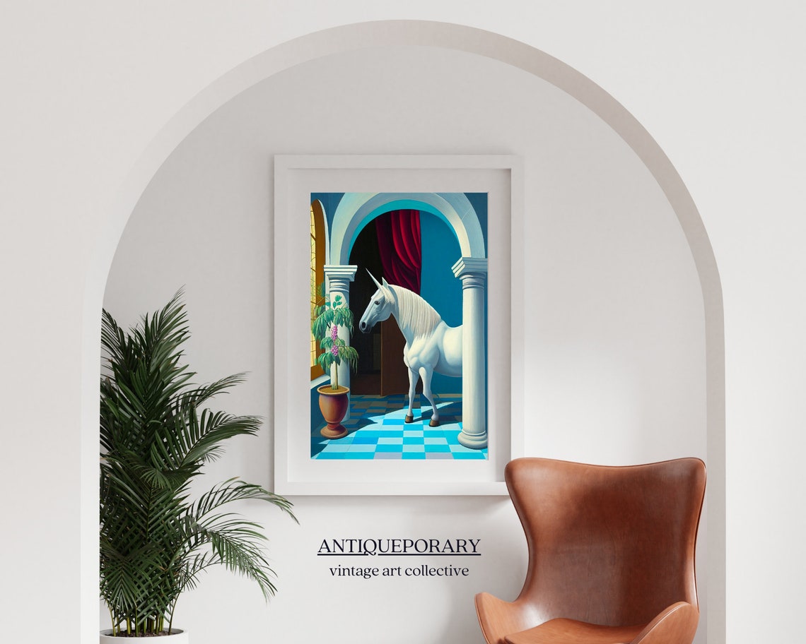 Whimsical White Unicorn in Classical Arched Blue Hallway Poster - Image 7