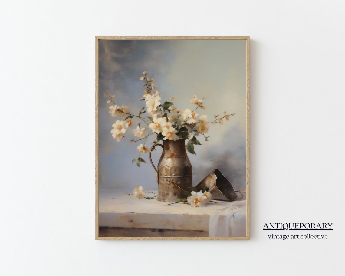 White Blossom Branches in Antique Copper Jug Vintage Still Life Poster