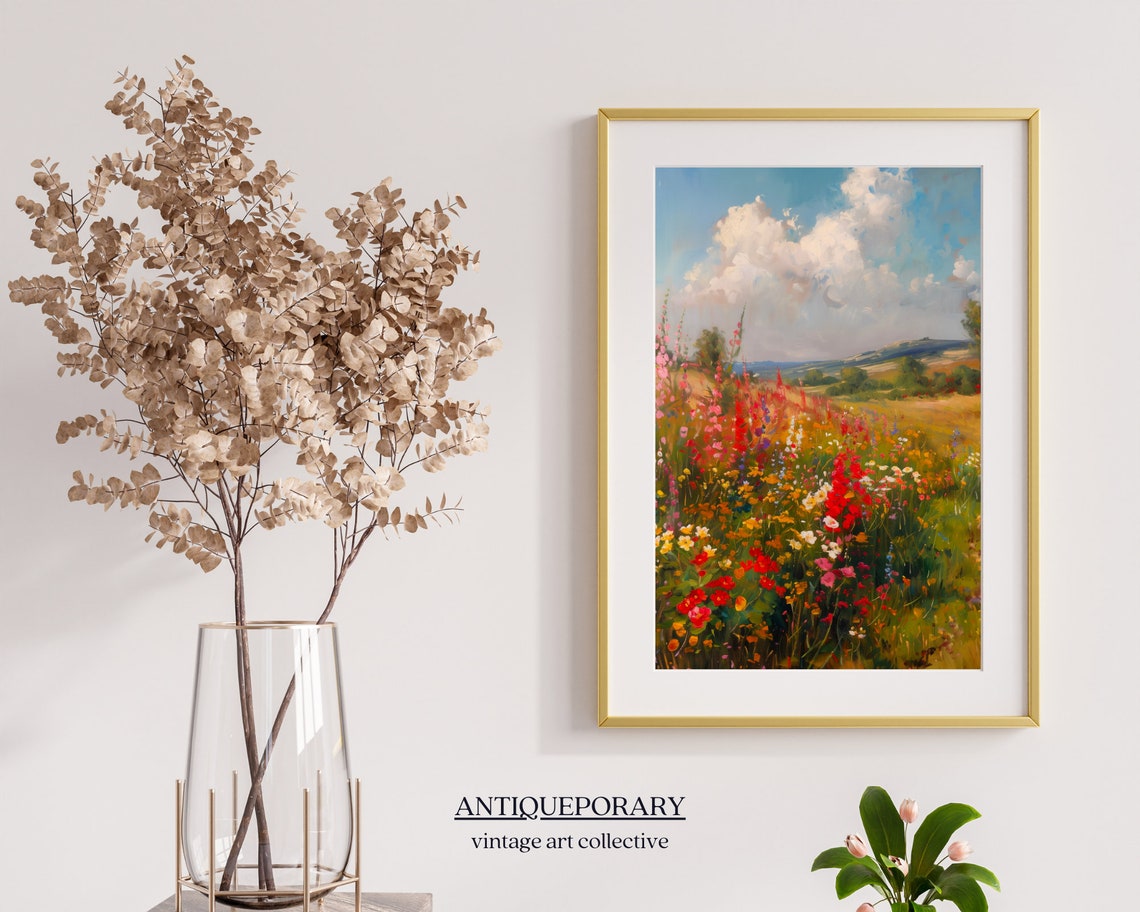 Colorful Wildflower Meadow Rolling Hills Cloudy Sky Painting Poster - Image 6