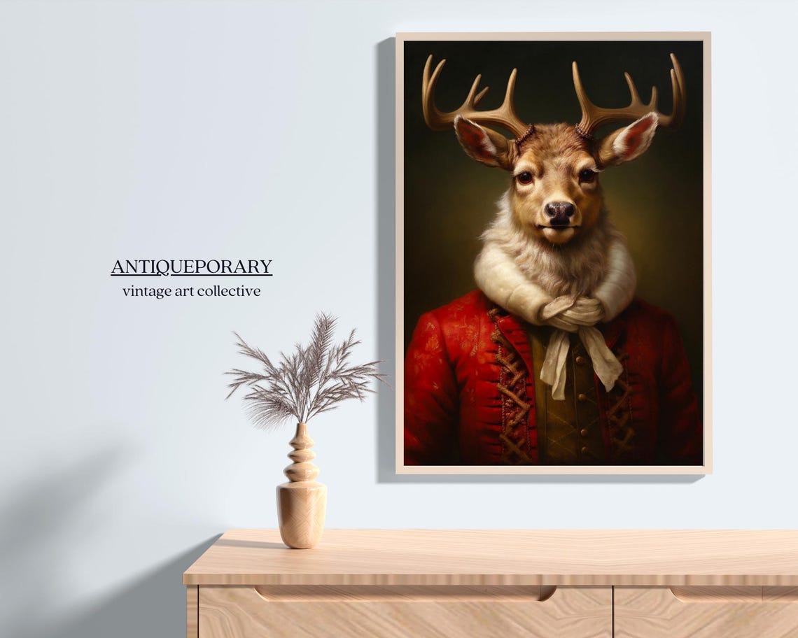 Royal Stag Antlers Red Brocade Victorian Coat Portrait Poster - Image 6