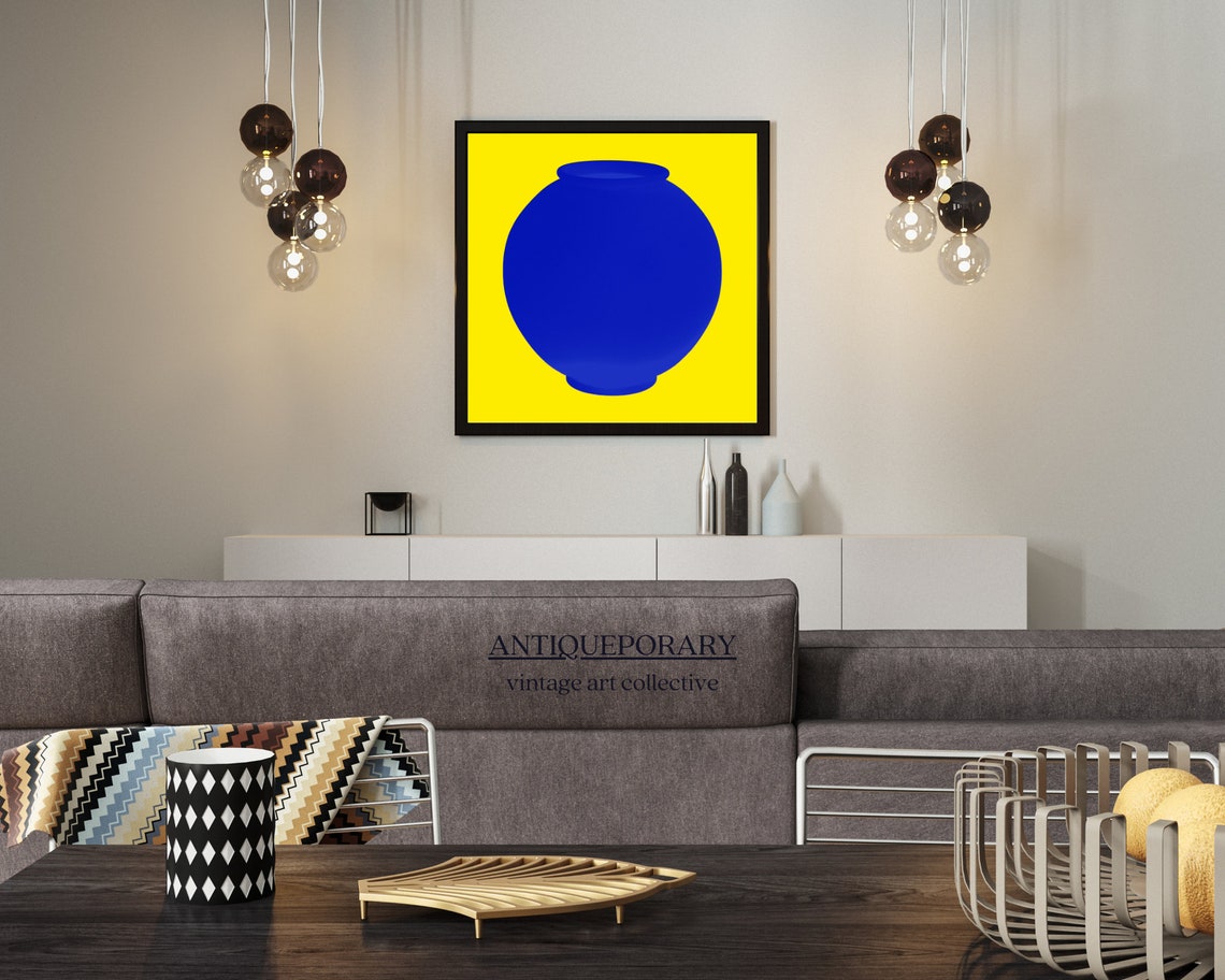 Bold Cobalt Blue Vase Silhouette on Bright Yellow Pop Art Poster - Image 5