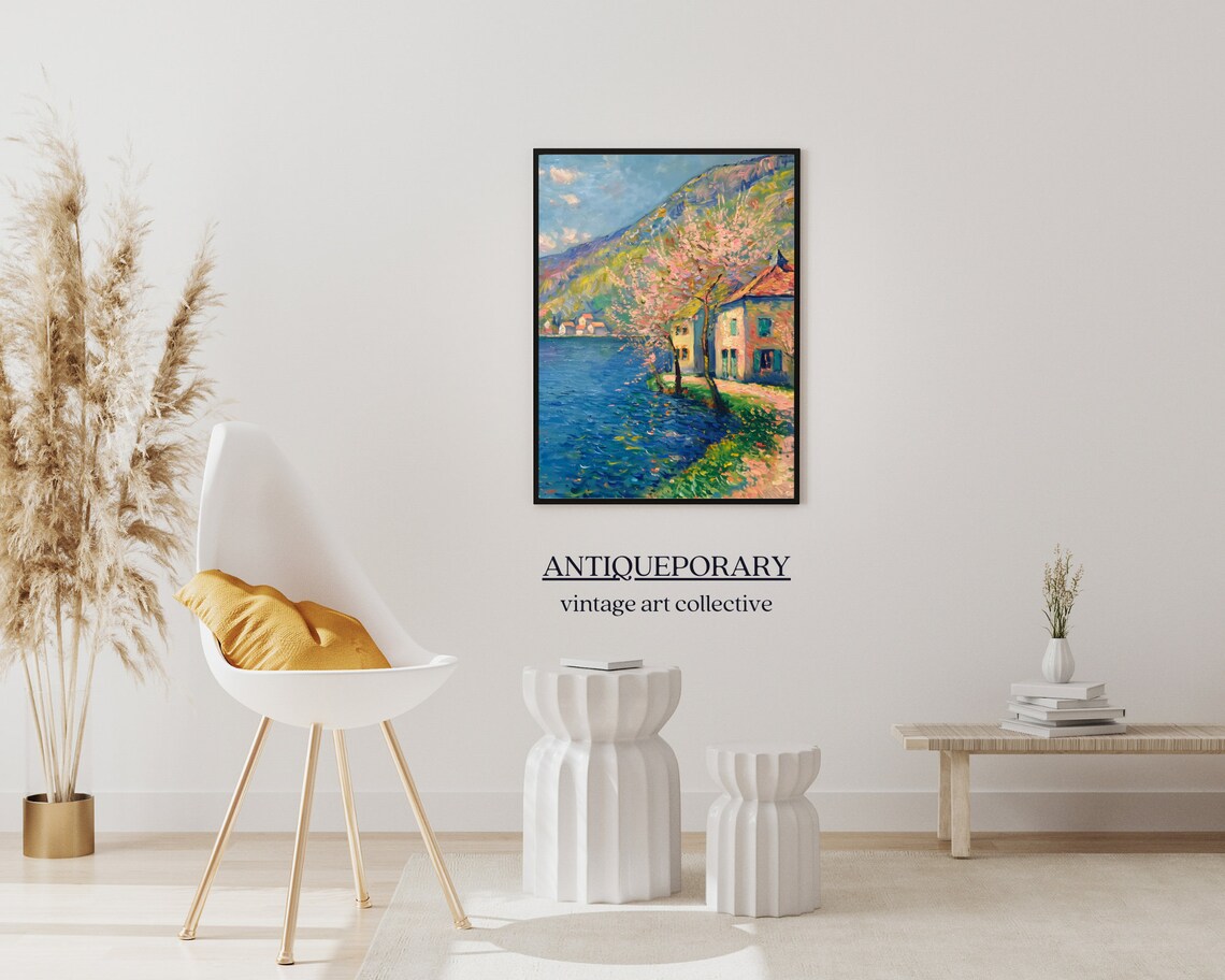 Spring Lakeside Village Blossom Impressionist Landscape Wall Art - Image 4