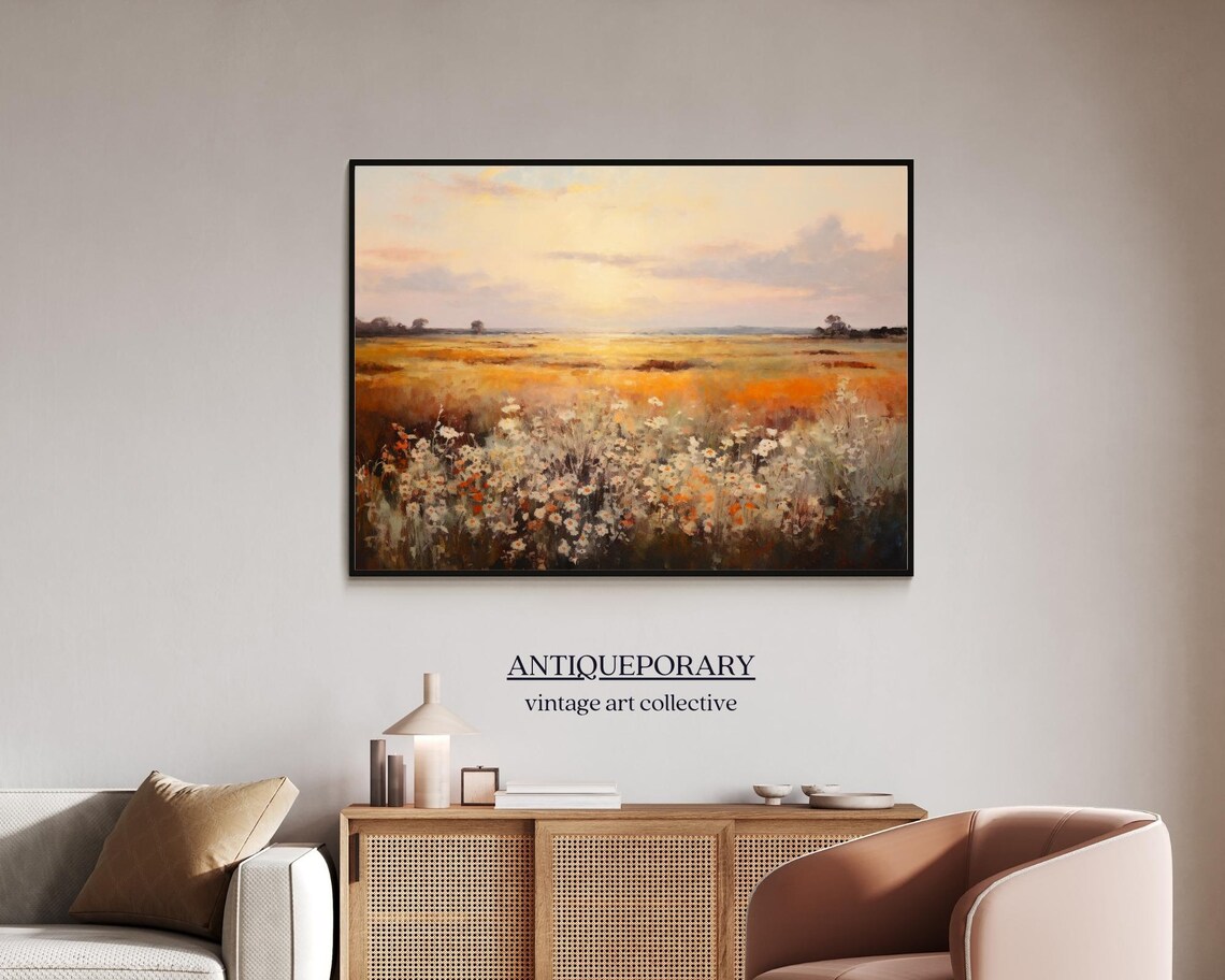 Golden Wildflower Field at Sunset Soft Impressionist Landscape Print - Image 7