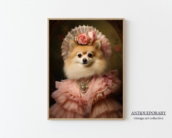 Pomeranian Pink Victorian Gown Pearl Necklace Vintage Dog Portrait Poster