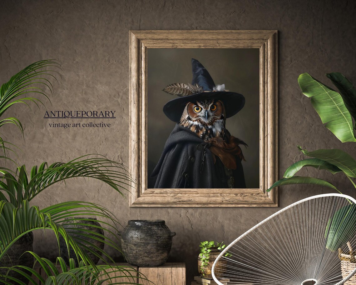 Witch Hat Owl Portrait Halloween Cloak Vintage Style Painting Poster - Image 6