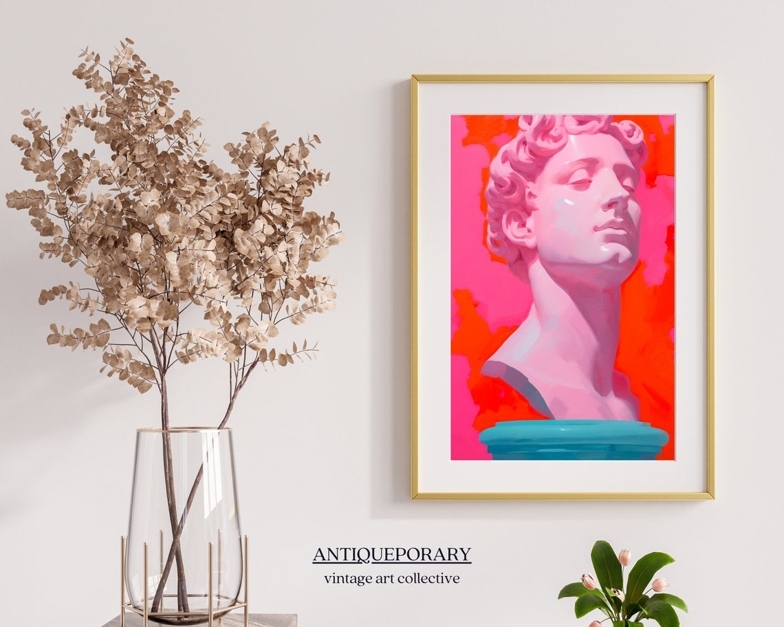 Pink Classical Bust Statue on Hot Pink Bold Modern Art Wall Print - Image 5