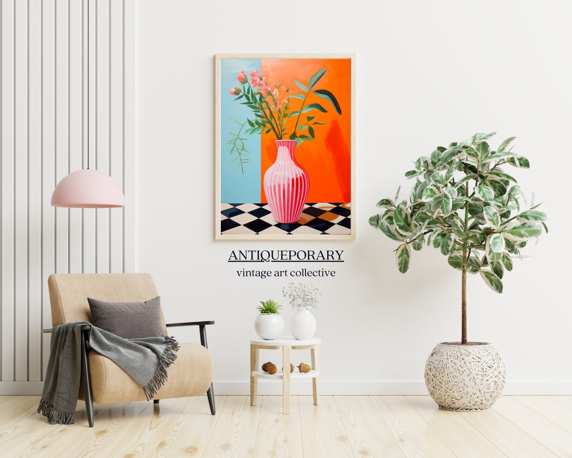 Pink Striped Vase with Flowers Checkerboard Floor Still Life Poster - Image 4