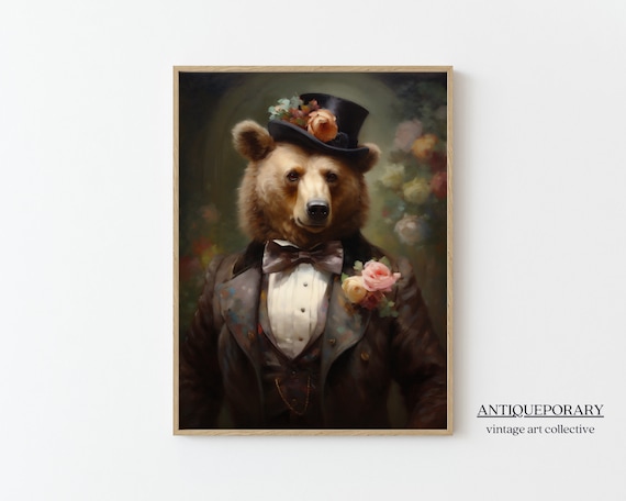 Dapper Bear Portrait Top Hat Tuxedo Victorian Animal Painting Poster