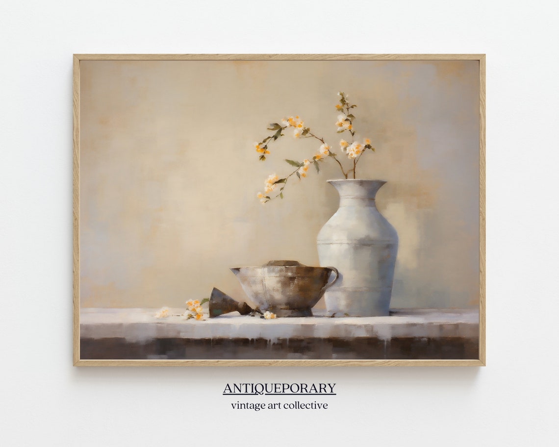 Soft Neutral Still Life White Vase Blossoms Vintage Beige Art Poster