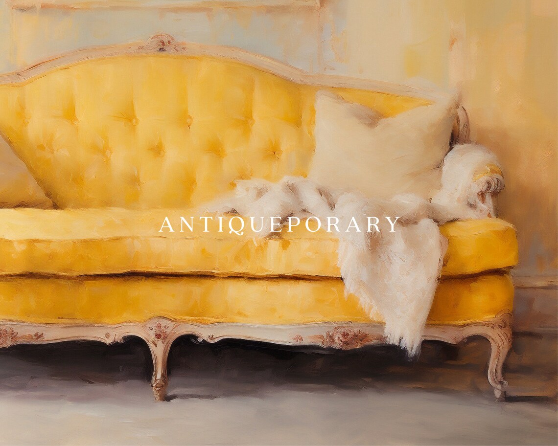 Yellow Antique Tufted Sofa Classic Interior Oil Painting Poster - Image 2