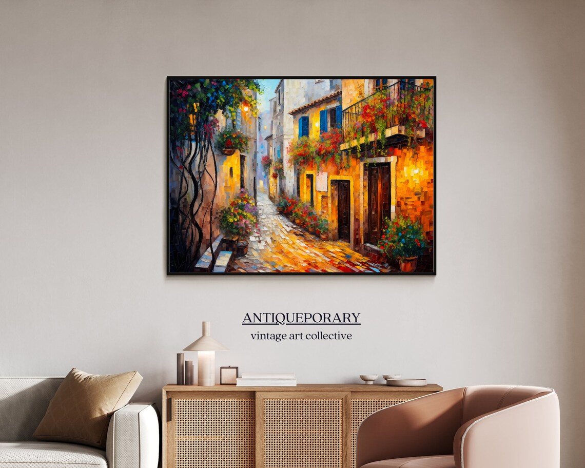 Flower Filled Italian Alley Cobblestone Street Warm Light Art Poster - Image 5