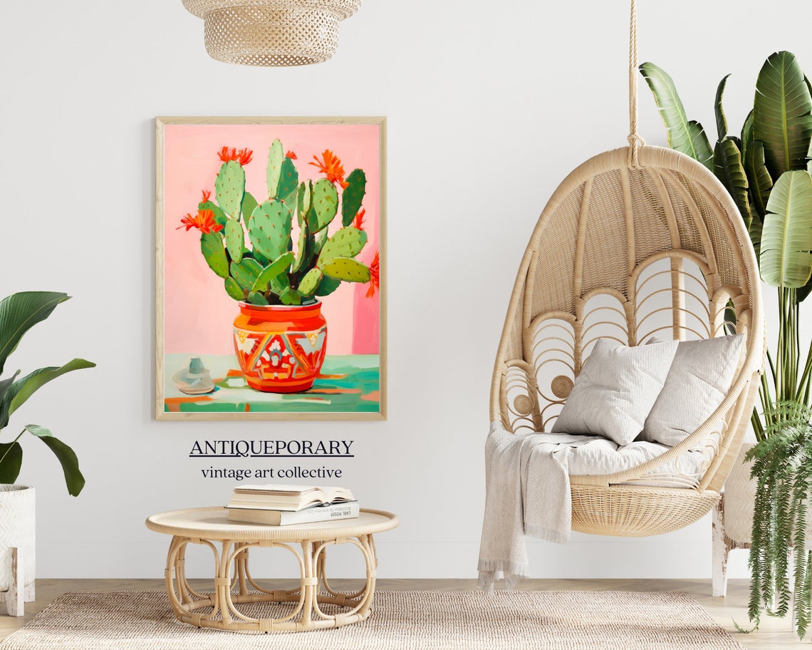 Blooming Prickly Pear Cactus in Patterned Orange Pot Pink Poster - Image 6